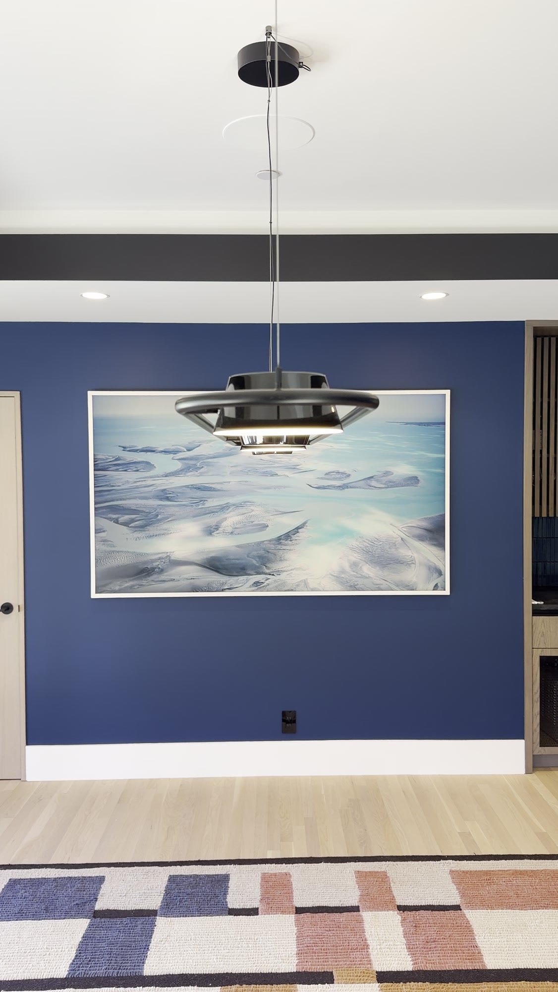Painting Division, Atherton residence dining room with blue accent wall and pendant