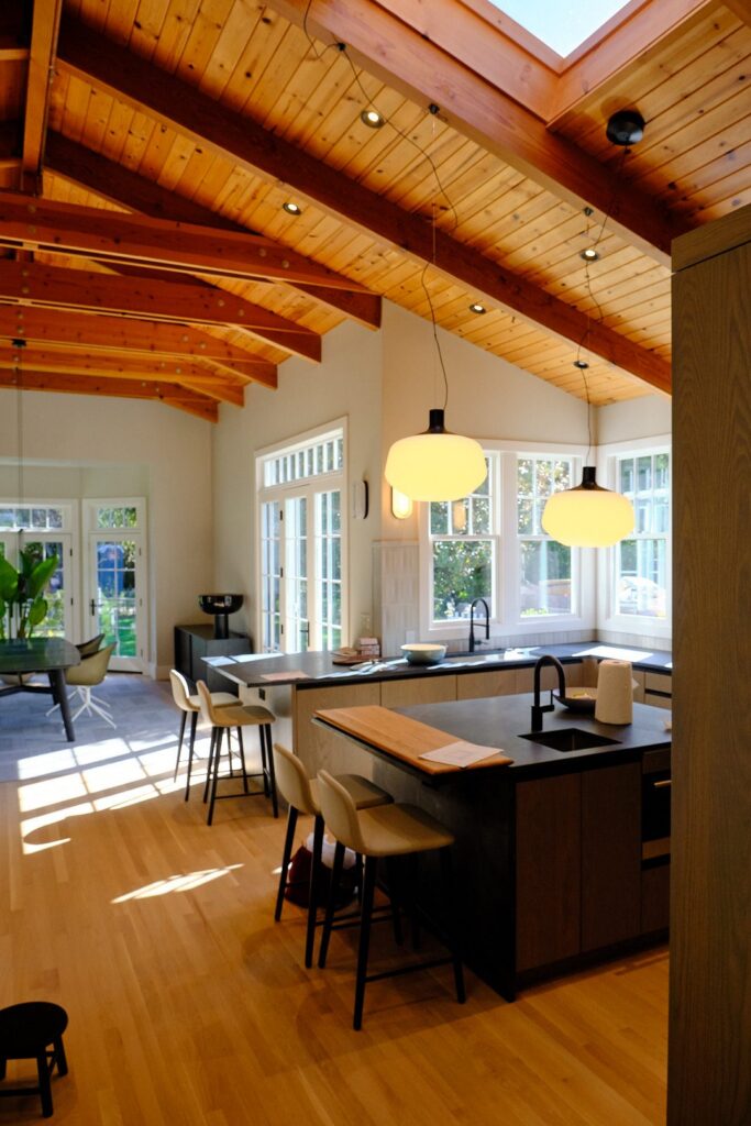 Painting Division, Atherton residence great room with wood ceiling